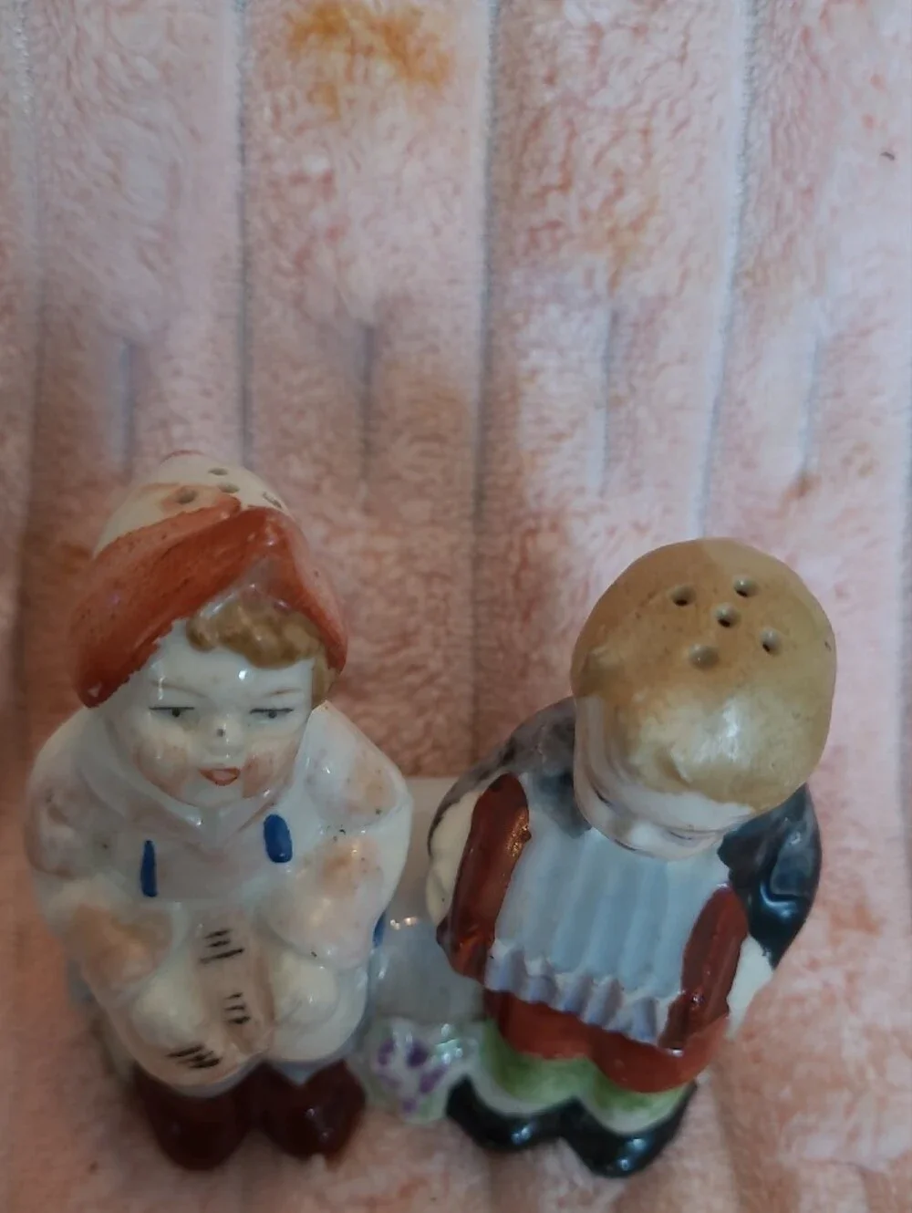 Hand-Painted Porcelain Boy and Girl  Salt And Pepper Pair. Japan Vintage Sitters